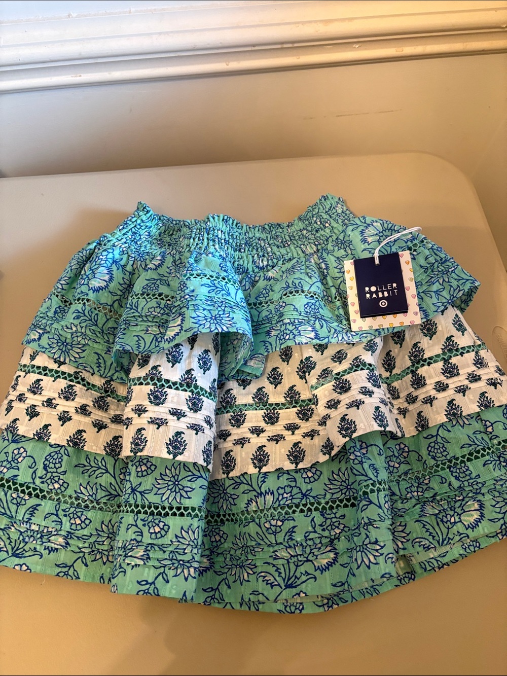 Roller Rabbit Girls Teal and White Tiered Floral Mini Skirt